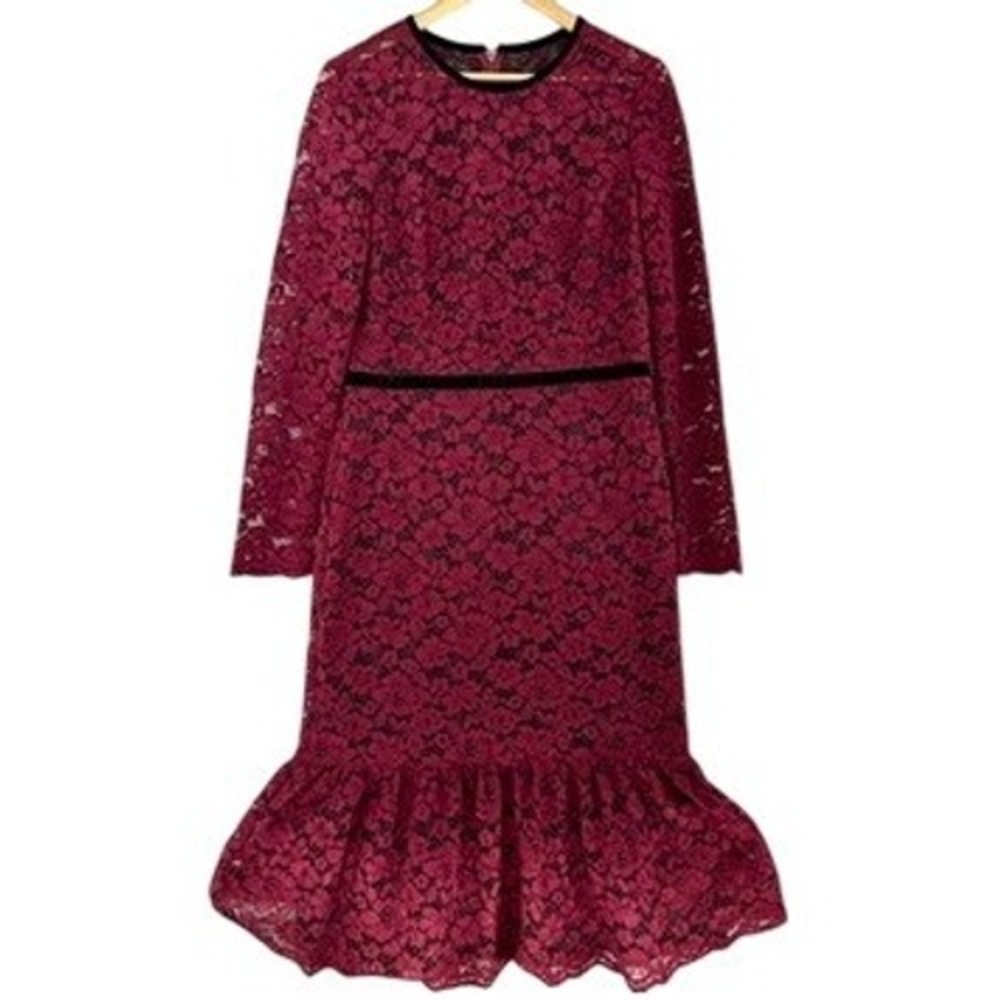 Maggy London Plum Wine Red‎ Lace Fluted Midi Long Sleeve Dress Velvet Belt SZ 14